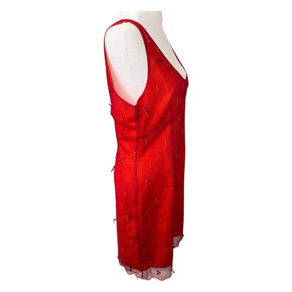 Vintage Express Mesh Overlay Beaded Red Bustier Dress Plunge Neck 90s Y2k 14 - Picture 9 of 10